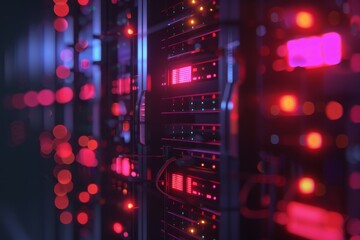 Obraz premium Background of a network server room with glowing lights,A lengthy corridor bathed in orange light, showcasing a computer screen that adds a modern touch to the environment.