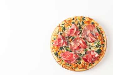 Pizza with prosciutto, ham, arugula, spinach, tomatoes, pesto, cheese and parmesan. Italian cuisine. 