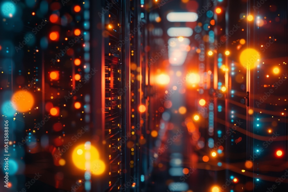Poster background of a network server room with glowing lights,a long corridor illuminated by soft orange l