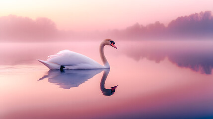 Cygne nageant sur le lac a l'aube