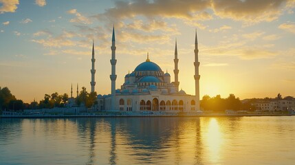 Obraz premium A Magnificent Mosque Shimmering in the Soft Morning Light