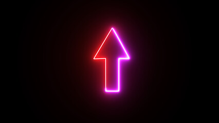 Neon up direction arrow icon glowing neon  color animation on black background.