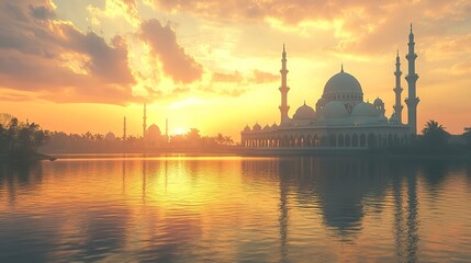 Naklejka premium A Serene Mosque Bathed in the Gentle Light of Sunset