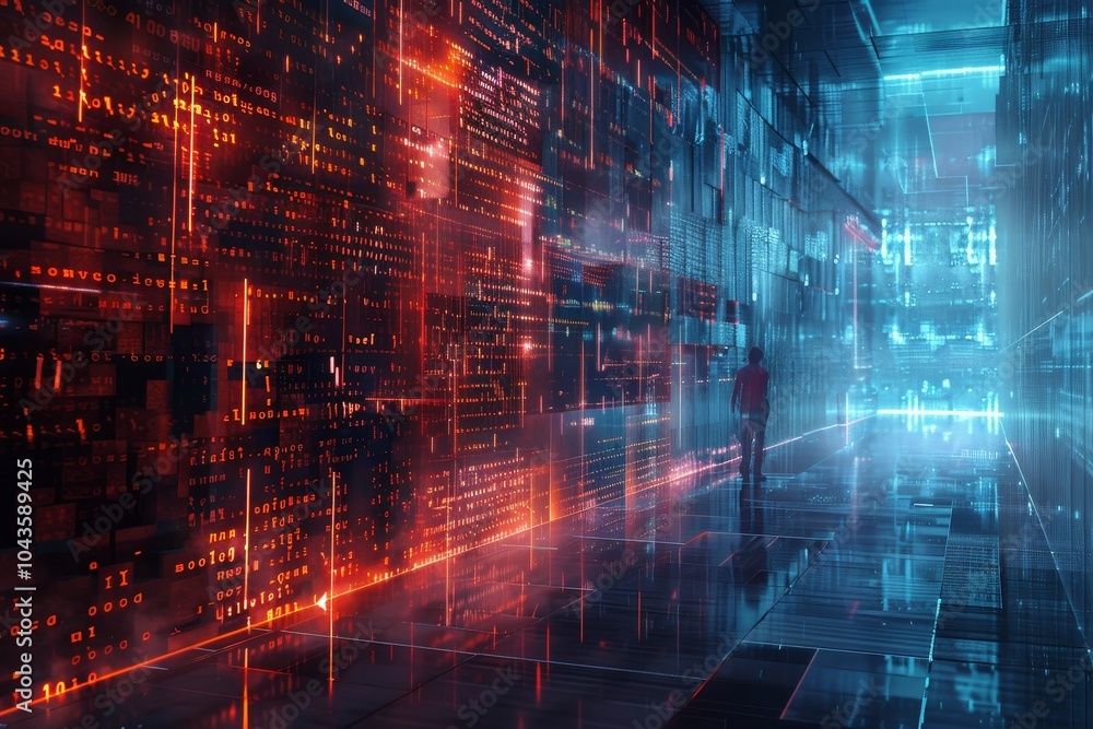 Poster binary code transitioning into a digital fortress ,a man walks through a dimly lit hallway illuminat