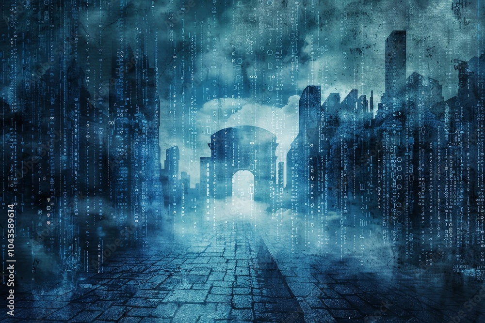 Poster binary code transitioning into a digital fortress ,a city skyline illuminated by a beam of light fro