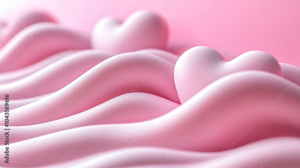 Poster 3d heart shapes arranged in a wave pattern on soft pink background