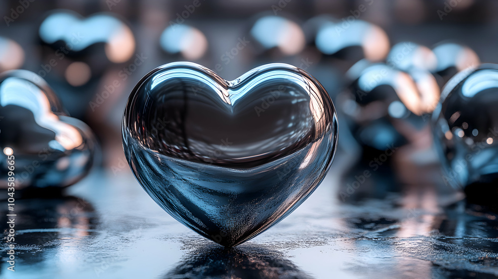 Poster floating 3d heart shapes on a shiny metallic surface with reflections