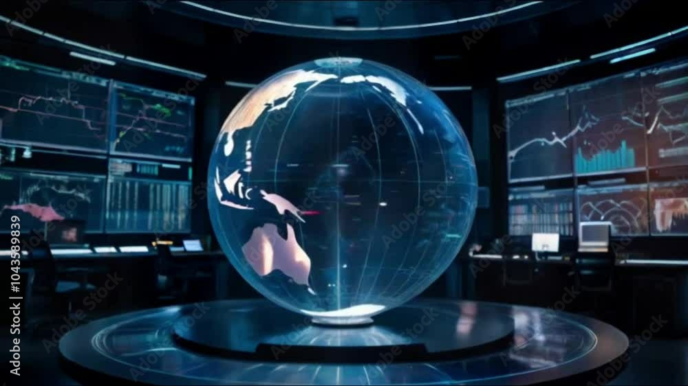Poster a digital film projector lens against a glowing blue globe and binary code, symbolizing global digit