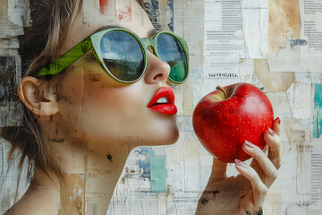 Portrait of a beautiful young brunette woman with a ripe and juicy red apple in her hands against a background of newspaper and magazine clippings
