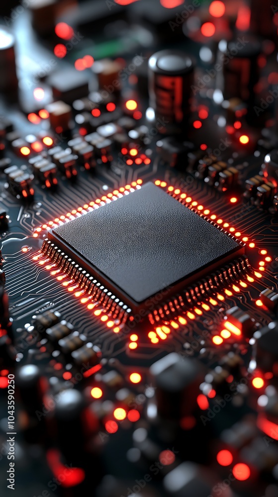 Poster artistic interpretation of a microchip with lighting effects