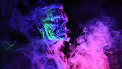 A Frankenstein monster surrounded by smoke with neon blacklight vivid colors, isolated on black - a psychedelic halloween monster portrait - horror theme, trippy, colorful