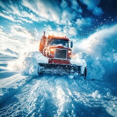 Red snow plow truck cleaning road from snowdrift after heavy snowfall