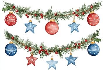 Christmas garland with ornaments and holly on a white isolated background.