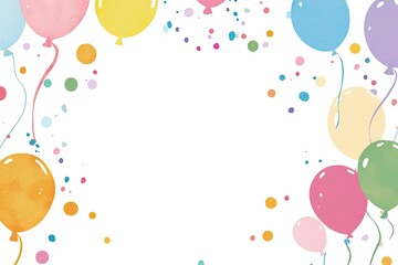 Colorful balloons and confetti frame a bright white background for celebrations.