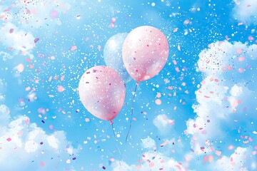 Fototapeta premium Colorful balloons floating in a vibrant blue sky with confetti and clouds.