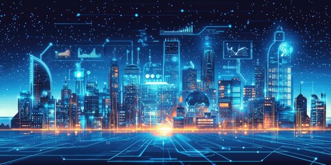 Fototapeta premium A futuristic cityscape displays lines linking various smart devices and buildings, illustrating a connected smart city.