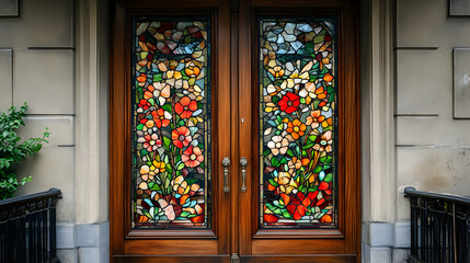 Obraz premium Elegant Double Door with Stained Glass Floral Panels in a Bright Interior Setting