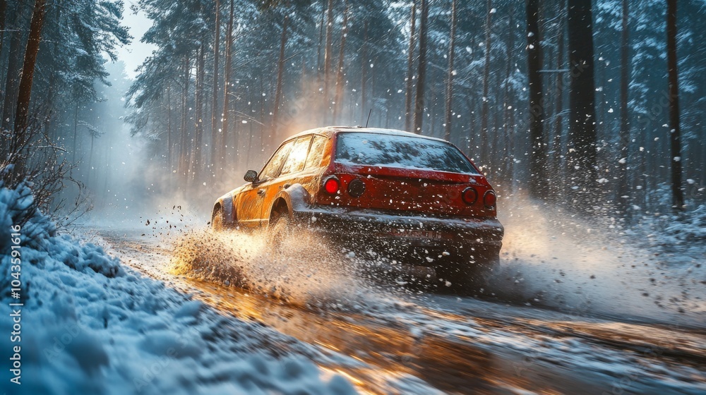 Poster a red car maneuvers through a snow-covered forest path, sending snow and water flying as it navigate