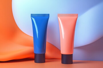 Two packaging beauty cosmetic tubes , blue, pink, peach isolated mockup template