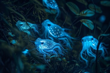 Obraz premium Bioluminescent animals in a nocturnal setting,Glowing jellyfish gracefully floating in dark waters, illuminating their surroundings with ethereal light.