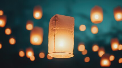 A glowing lantern floating against a dark background, surrounded by other lanterns, creating a serene and enchanting atmosphere.