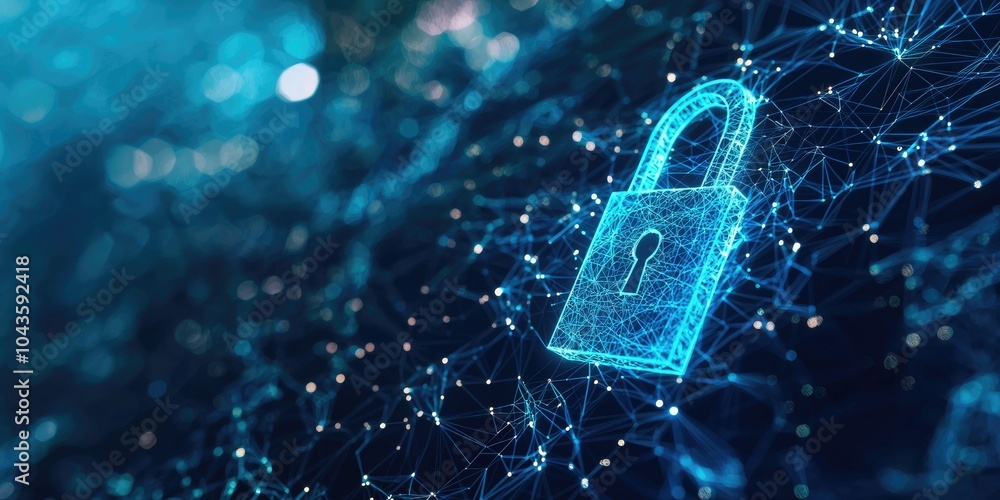 Poster an encrypted database is secured with a digital lock, representing cyber protection in blue tones, n