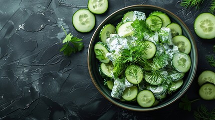 Cucumber and mint water with lemon slices on a dark textured table, flat lay