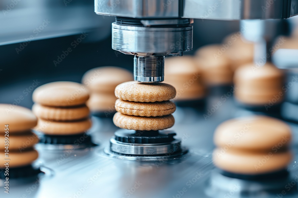 Poster automated machinery stacking cookies in a modern production line setting.