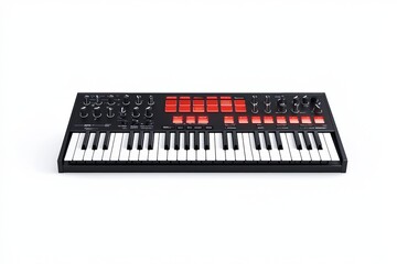 Black and red MIDI keyboard controller with white keys on a white isolated background.