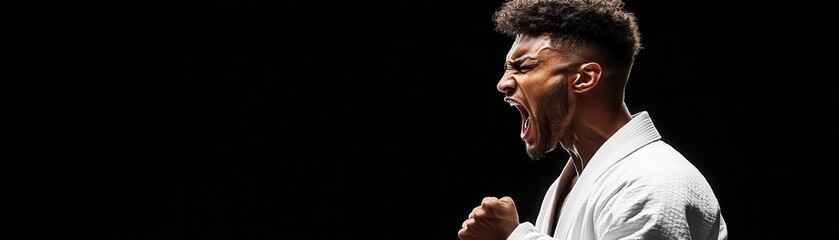 Side profile of a martial artist wearing a white gi, shouting passionately during an intense training session against a black background.