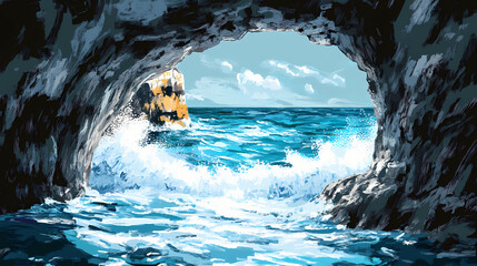 Dramatic ocean waves crashing through rocky cave archway in blue water. Coastal Archway. Illustration