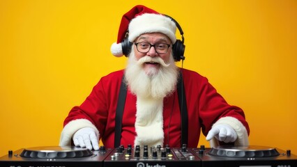 crazy santa claus dj at the dj console with headphones listening to music on a yellow background
