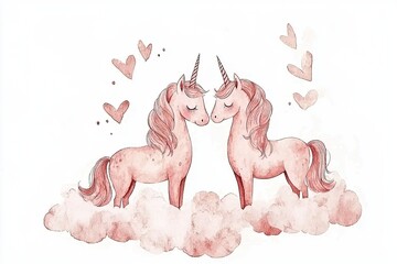Two cute unicorns surrounded by hearts on a soft cloud.