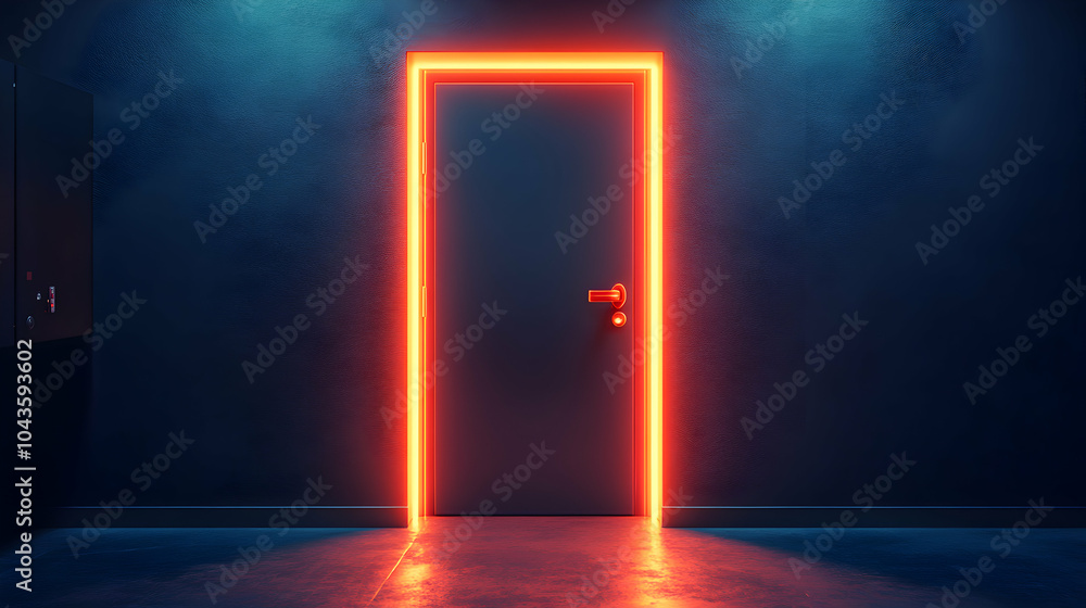 Poster futuristic door with illuminated edges in a high-tech environment