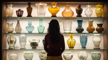 A lone figure facing away from the camera stands in front of a wall of crystal vases. The persons hands hover in front of the display . .