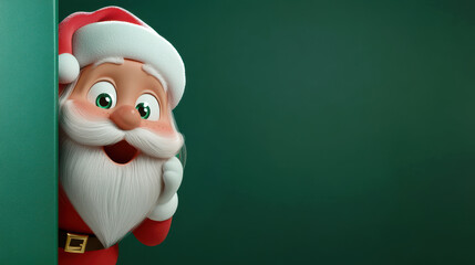 Santa Claus peeking around corner with cheerful expression