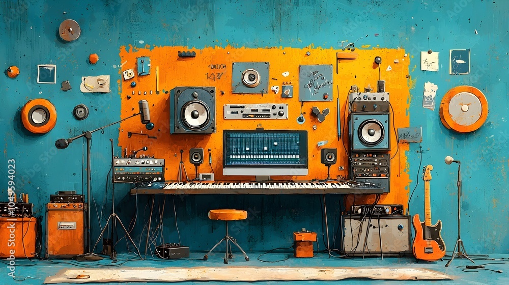 Poster a detailed layered cross section view of a professional music studio showcasing a variety of musical