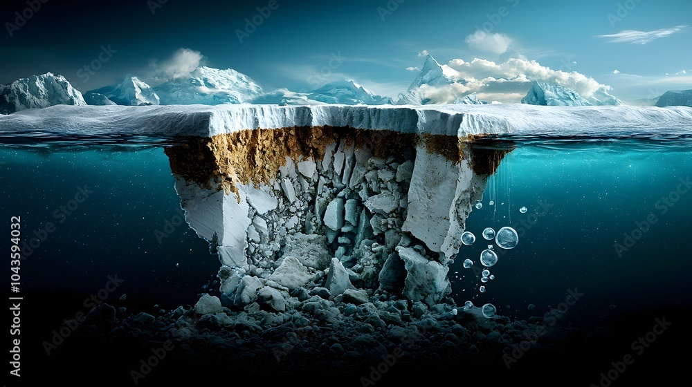 Poster captivating cross section of a glacier revealing its intricate ice layers frozen bubbles and ancient