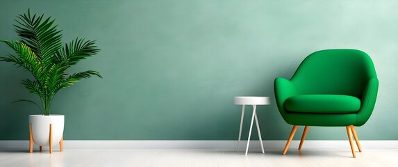 Green chair in a minimalist room with solid green background