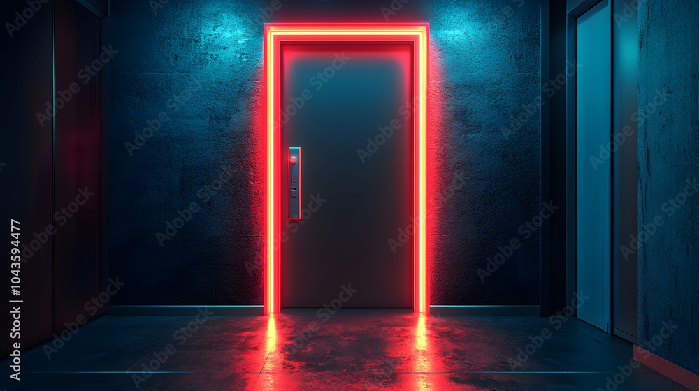 Poster futuristic door with illuminated edges in a high-tech setting