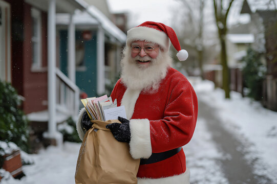 Santa Claus is delivering Christmas mail in a snowy suburb, holding a brown bag full of letters and greeting cards
