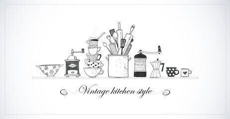 Naklejka premium Illustration of kitchen doodles featuring stacked cups, utensils, and coffee makers in a playful, minimalist style on white background