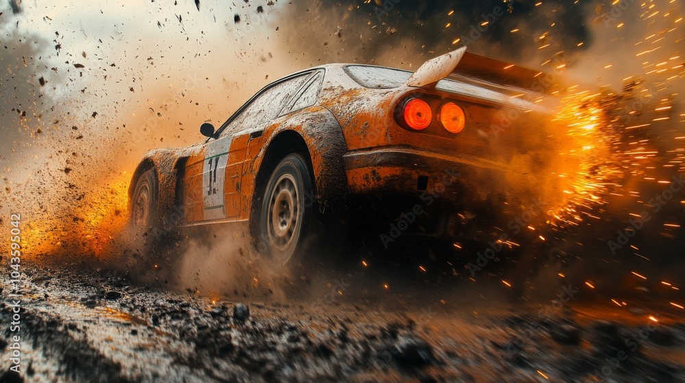 Poster a sports car covered in mud speeds across rough ground, creating a trail of dust and sparks. the atm