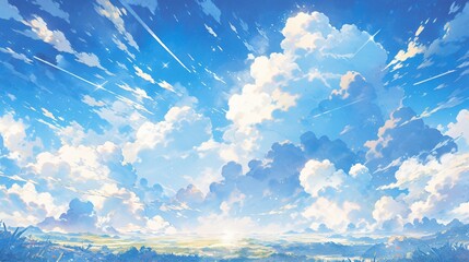 Calm anime sky decorated with fluffy white clouds, colorful anime style