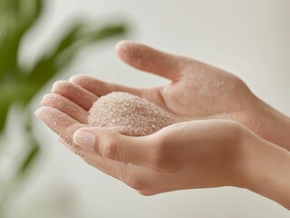 Close-up of hands applying an exfoliating mask with visible granules, soft natural lighting and rich textures