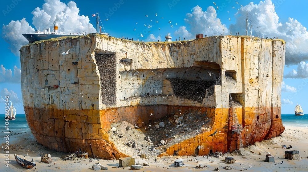 Poster Aerial Cross Section View of a Coastal Cliff Showcasing Intricate Erosion Patterns Distinct Rock Strata Layers and Seabird Nests Nestled Within the Rugged Terrain