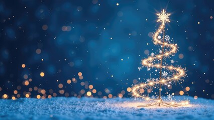 Merry Christmas, Happy Holidays Card - Christmas Tree Shape Made from Bright Spiralling Light on a Dark Blue Background