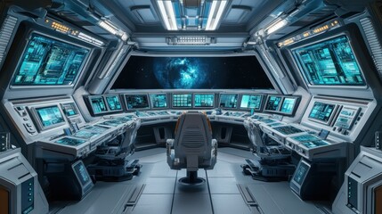 Obraz premium A futuristic control room with advanced technology overlooking Earth in space.