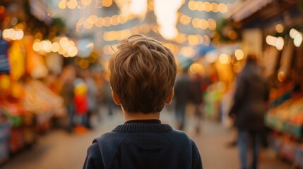 Obraz premium A young boy gazes up at the towering stalls of the market back turned to the camera as eagerly watches a street performer entertaining . .