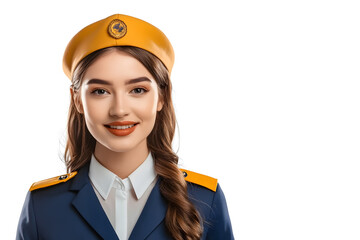 Beautiful female stewardess portrait isolated on white background